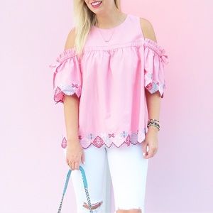 LOFT pink embroidered open shoulder pink ruffle top